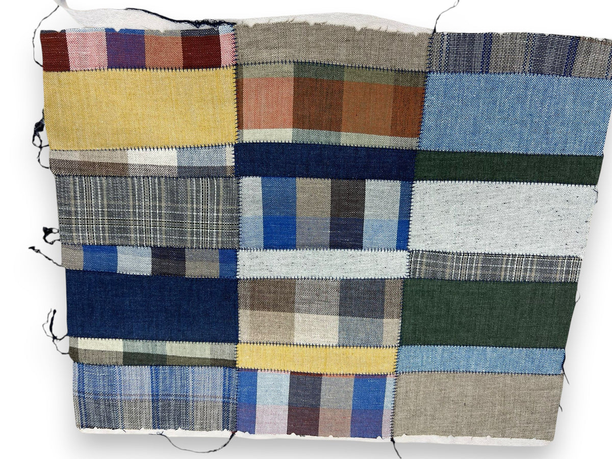 Sbarià Gatsby Patchwork Tao cap, 6-panel, pure linen, multicolour patchwork with blue stitching detail.