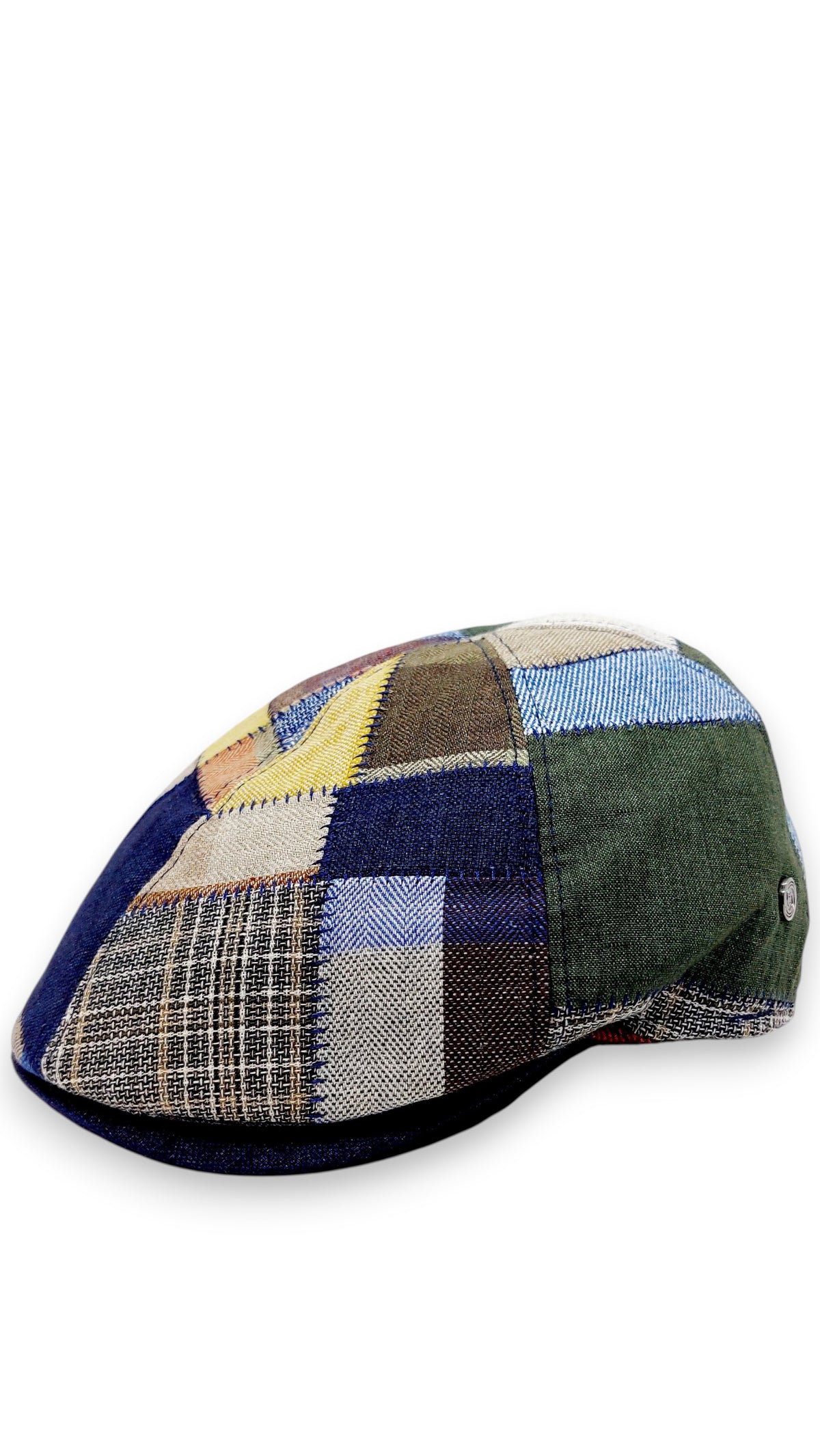 Sbarià Gatsby patchwork flat cap in multi-color pure linen with blue stitching detail.