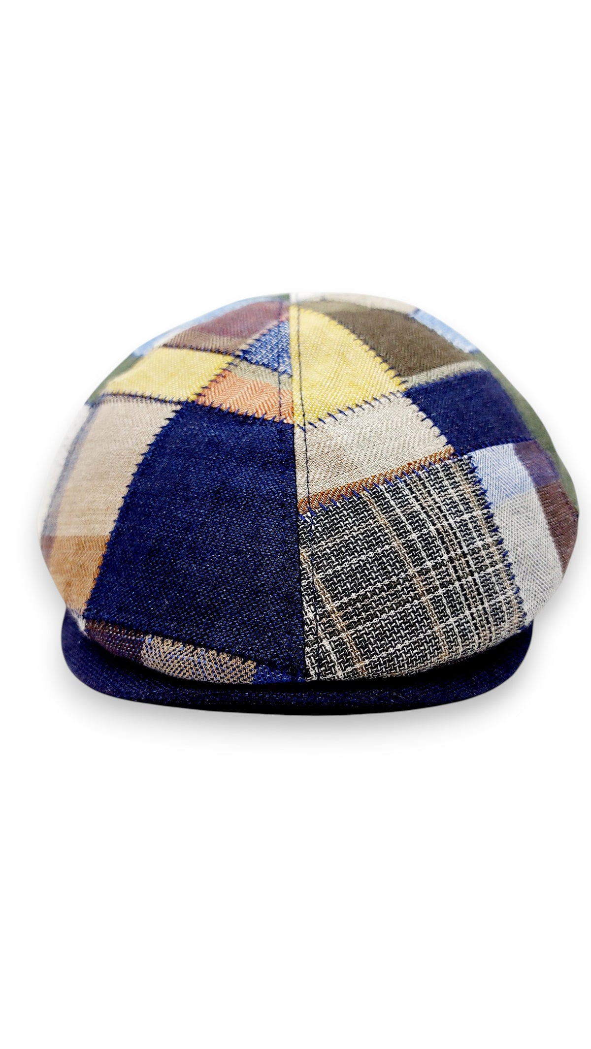Sbarià Gatsby patchwork flat cap in pure linen with blue stitching and a multi-colored fabric design.