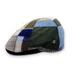 Sbarià patchwork flat cap in pure linen with blue stitching and button detail. Multi-colored blues, greens, and neutrals.