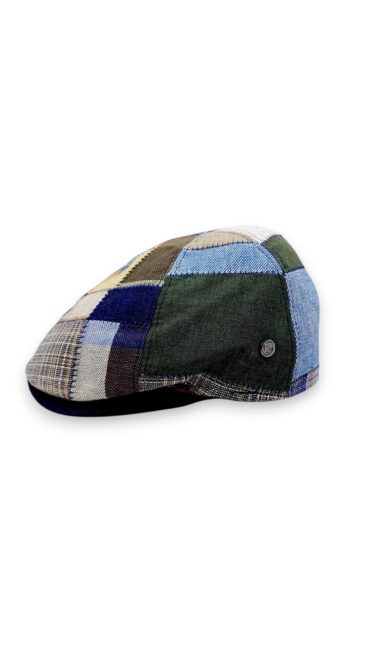 Sbarià patchwork flat cap in pure linen with blue stitching and button detail. Multi-colored blues, greens, and neutrals.