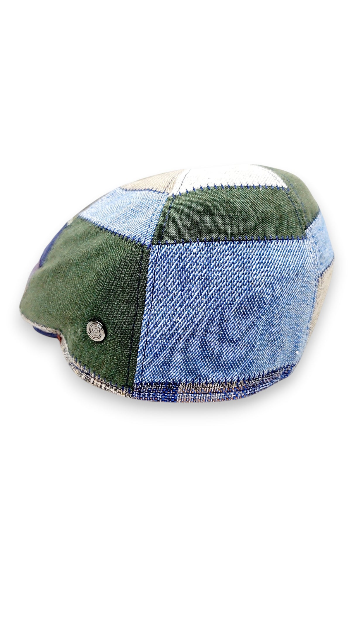 Sbarià Gatsby patchwork flat cap in blue, green, and beige pure linen with a button detail and blue stitching.