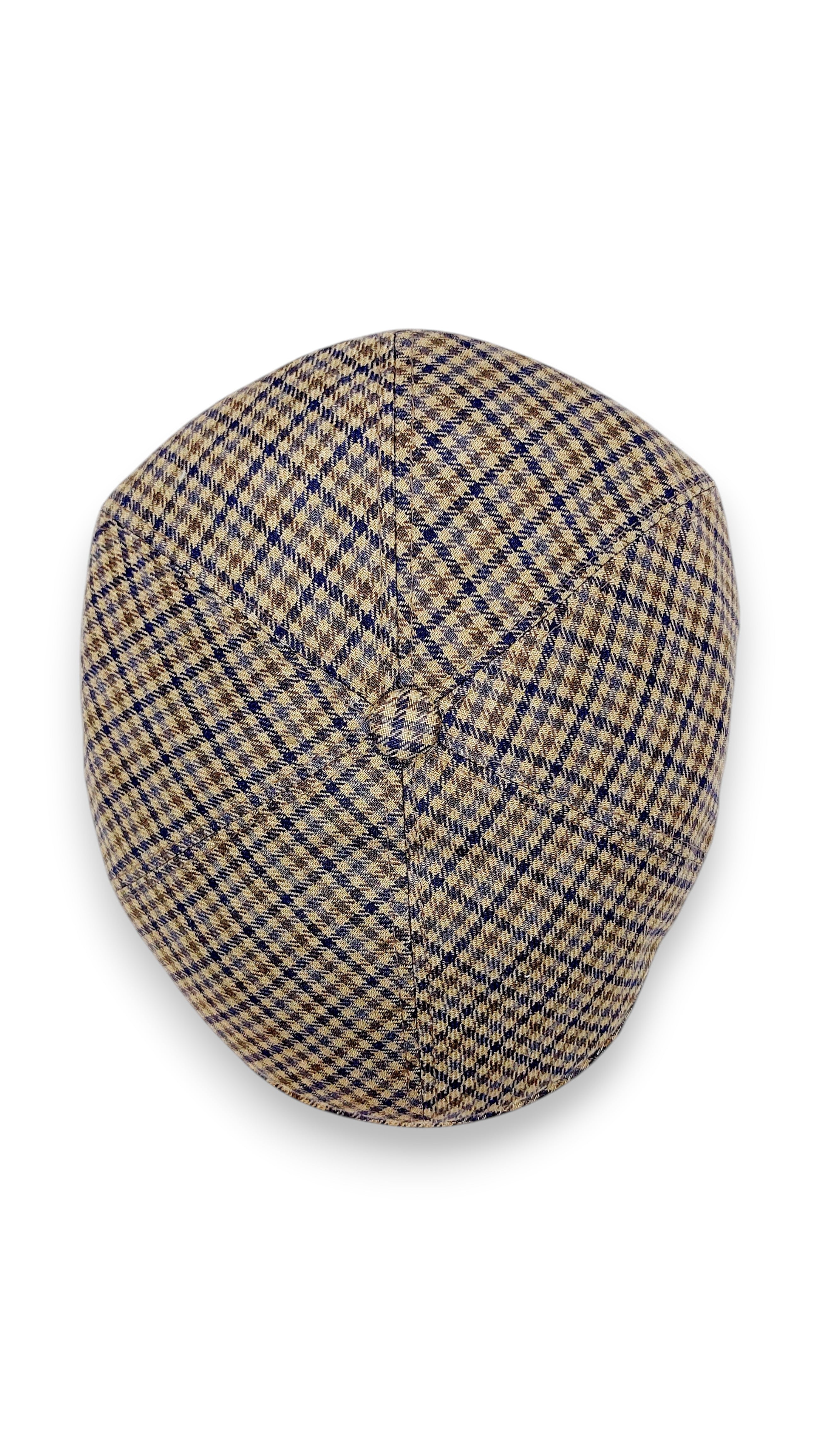 Sbarià brown and blue pied de poule 100% linen flat cap with cotton lining and UV protection.