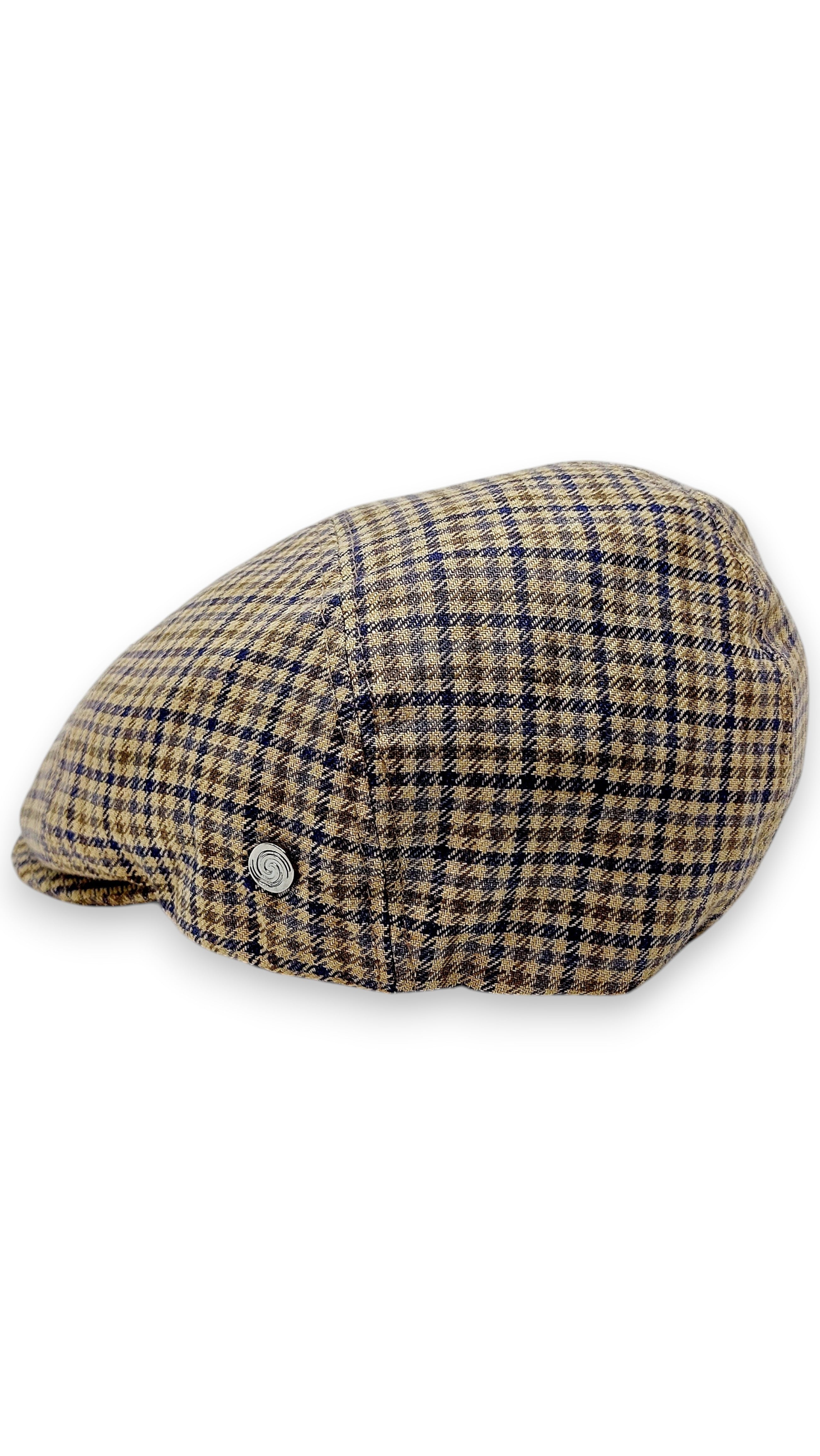 Sbarià brown and blue pied de poule 100% linen flat cap with cotton lining and UV protection.
