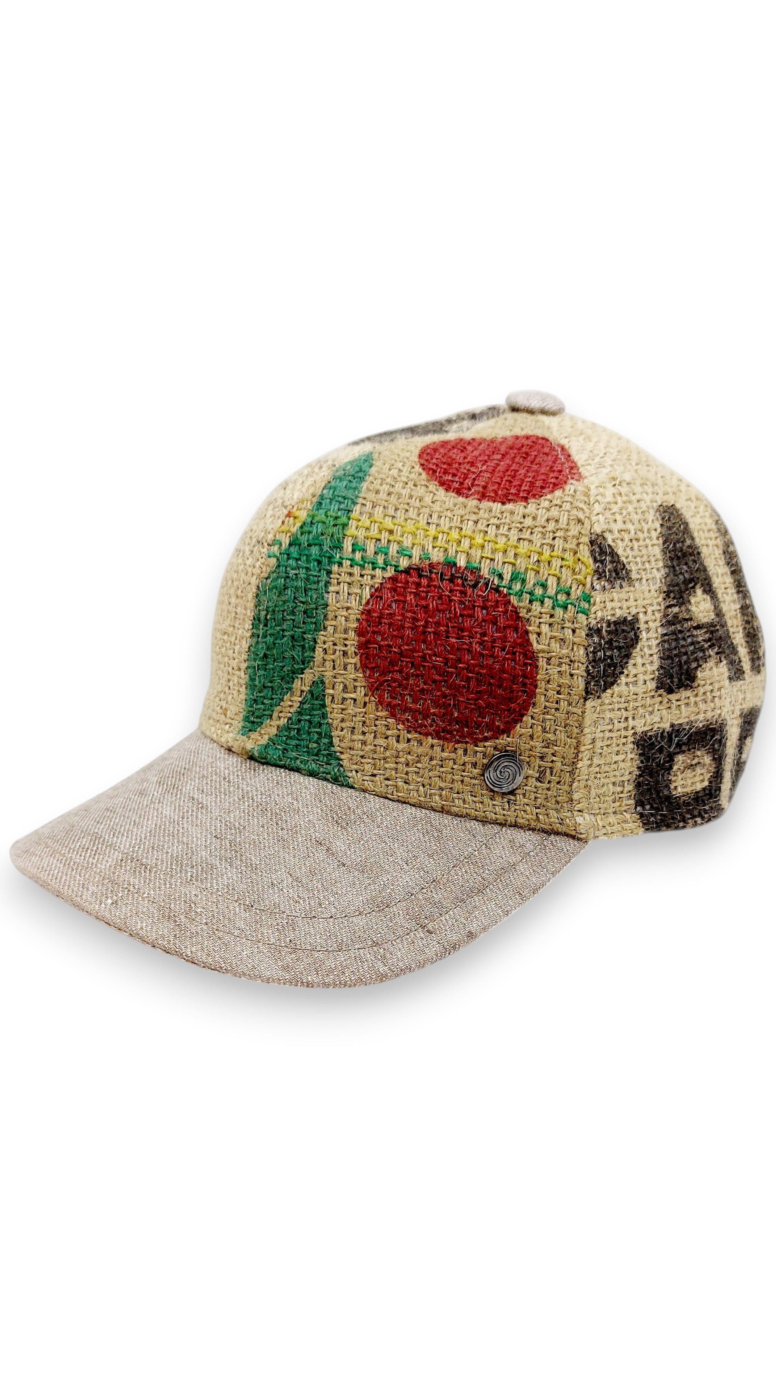 Sbarià baseball cap made from recycled coffee jute and natural beige linen. Features red circles and green accents.