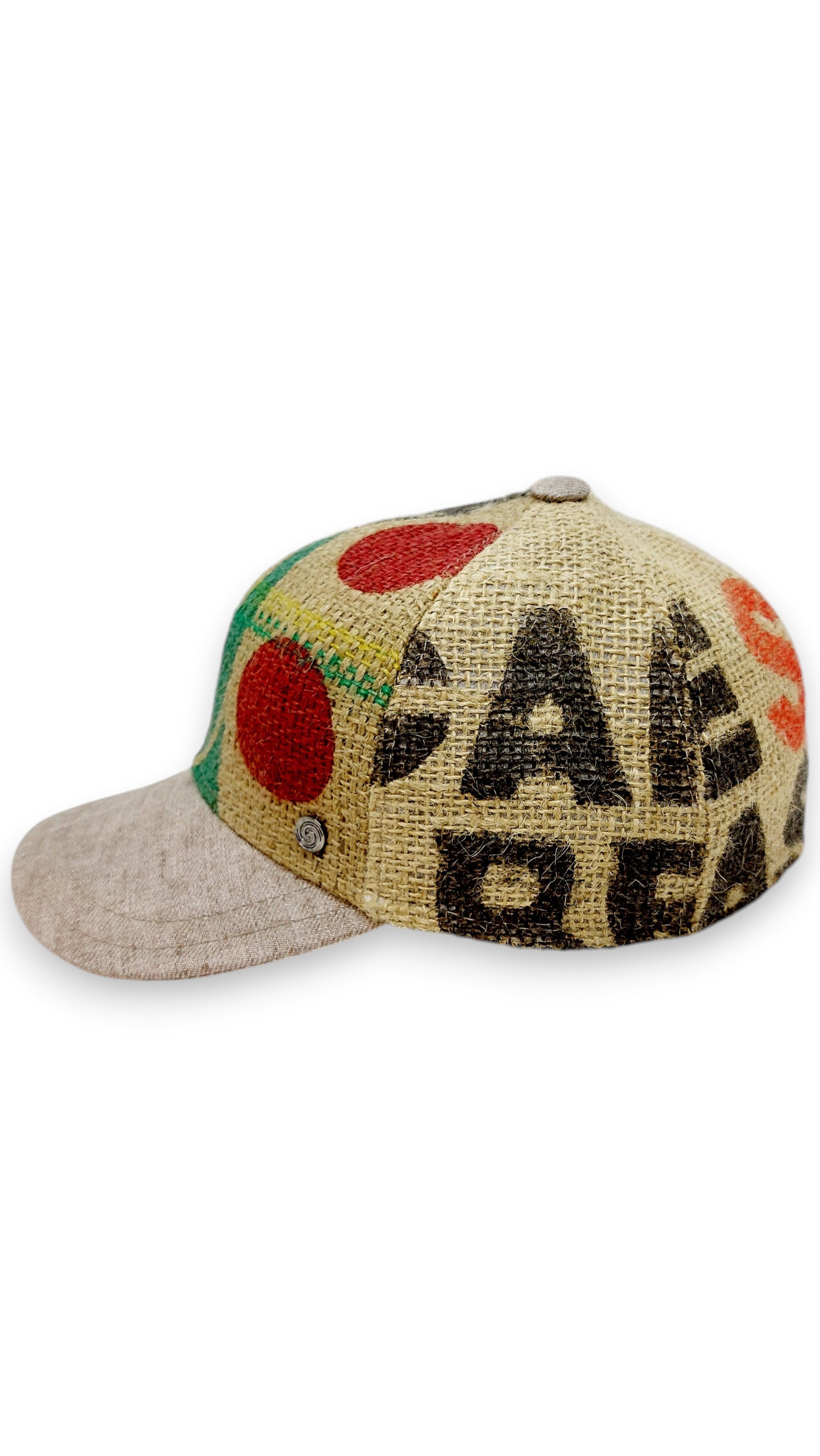 Sbarià baseball cap made from recycled coffee jute with red and green accents and