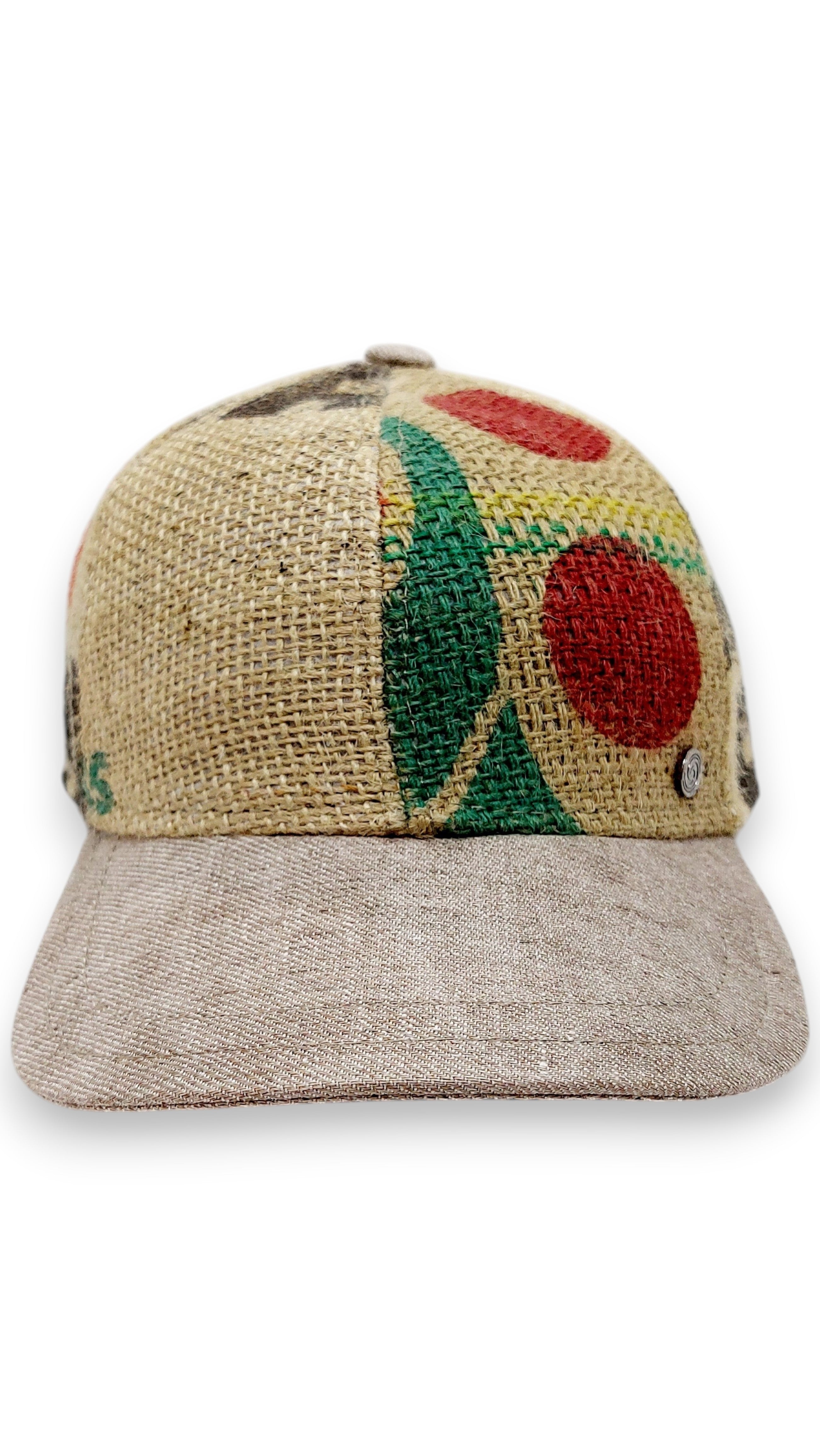 Sbarià baseball cap made from recycled coffee jute with a beige linen brim and adjustable strap. Features colorful graphic print.
