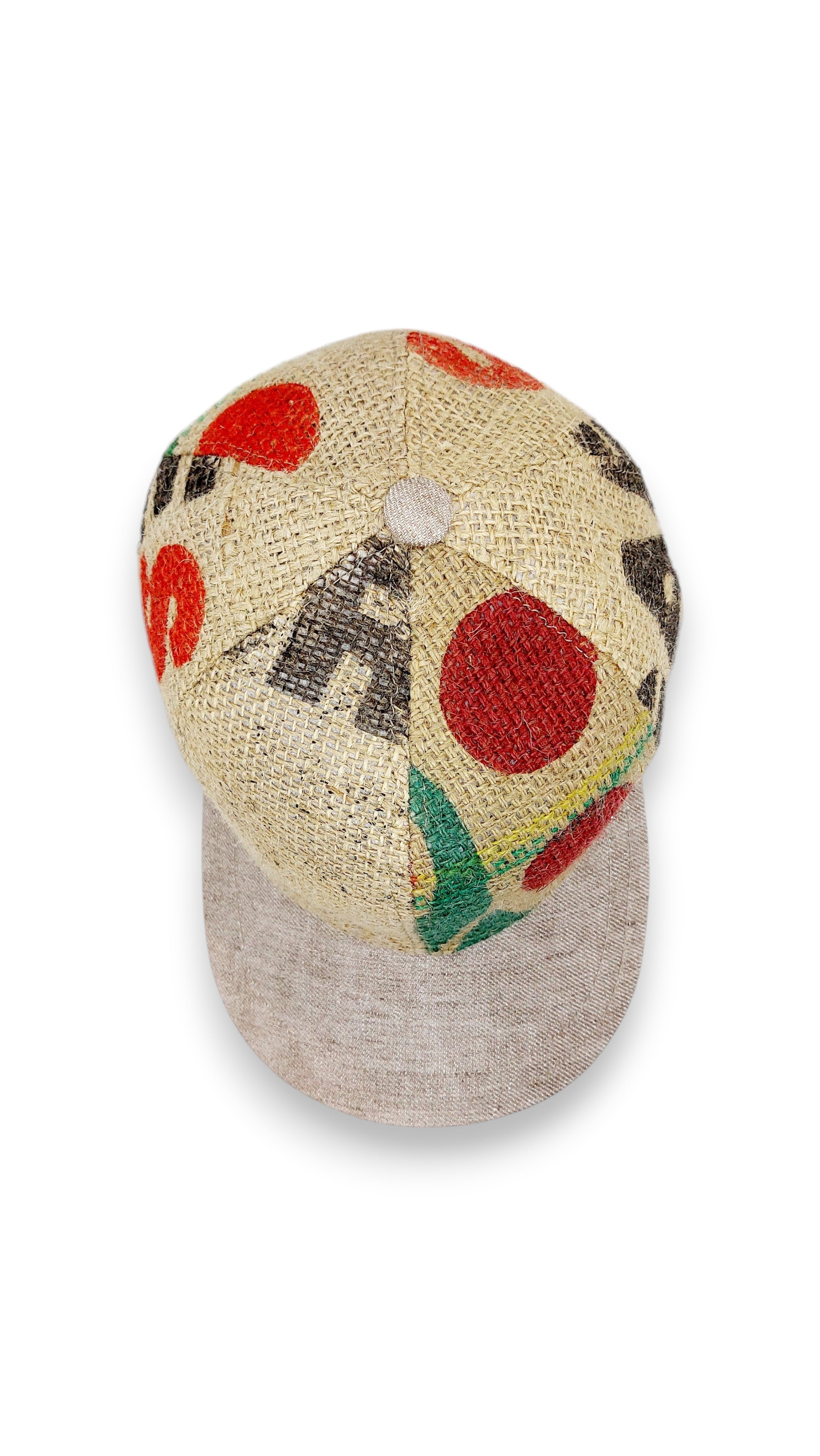 Sbarià baseball cap made from recycled coffee jute with red and black print. Natural linen brim and adjustable strap.