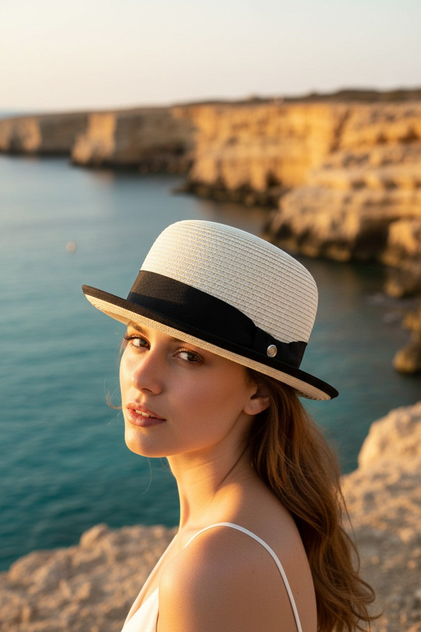 Sbarià natural paper straw bowler hat with black grosgrain band and brim trim, perfect for summer.