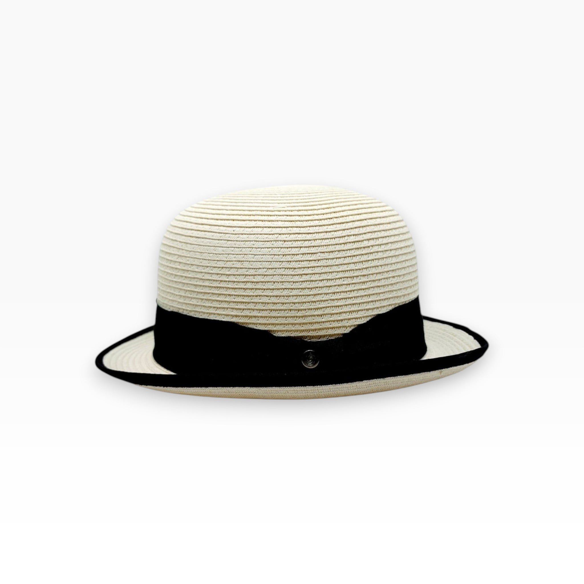 Sbarià natural paper straw bowler hat with black grosgrain band and brim trim. Classic summer hat.