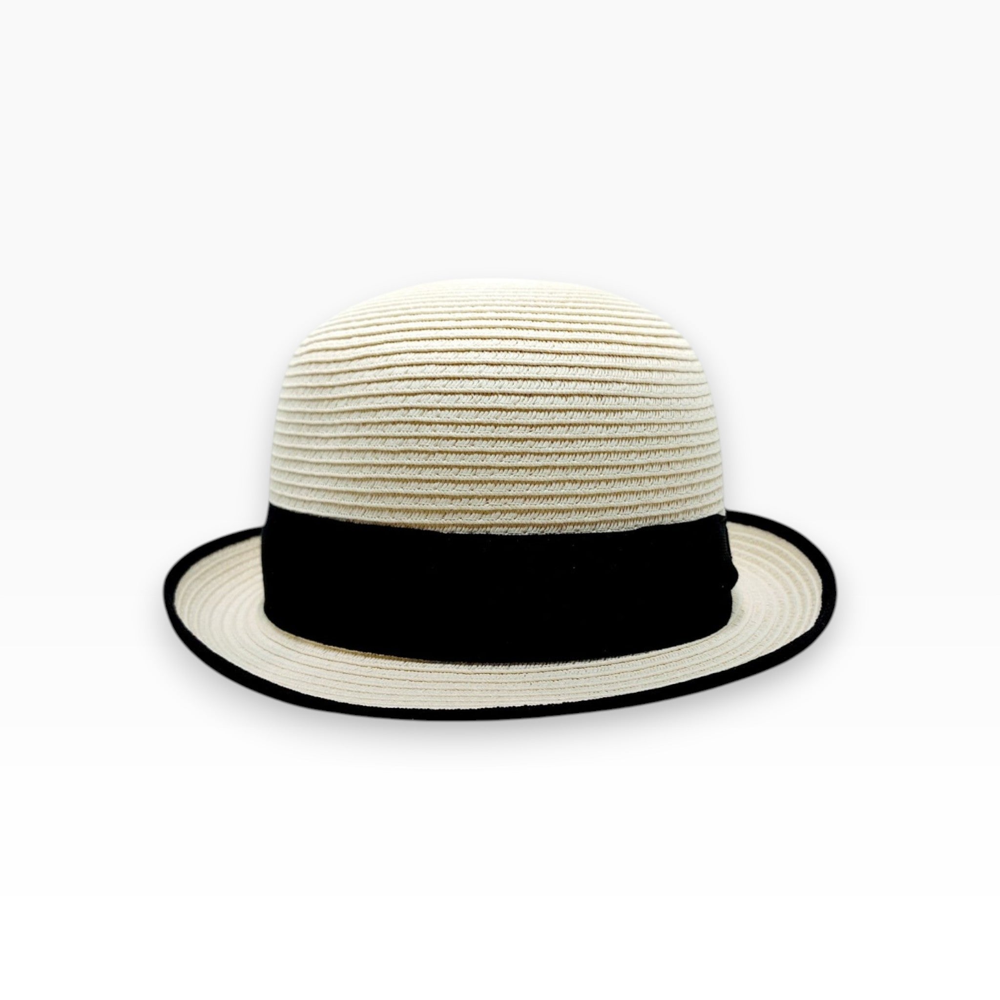 Sbarià straw bowler hat with black grosgrain band and trim, made from 100% paper straw.