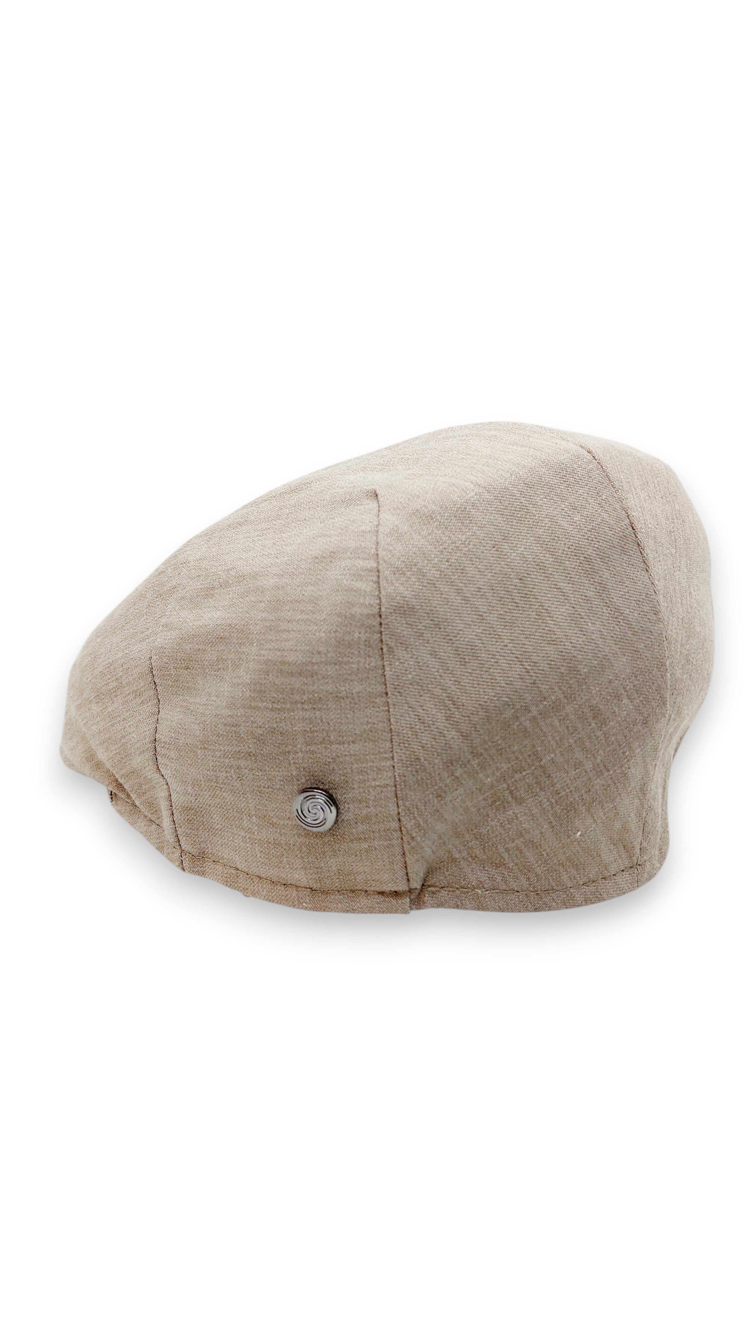 Sbarià beige 100% cotton flat cap with a subtle textured weave and a decorative metal button detail.