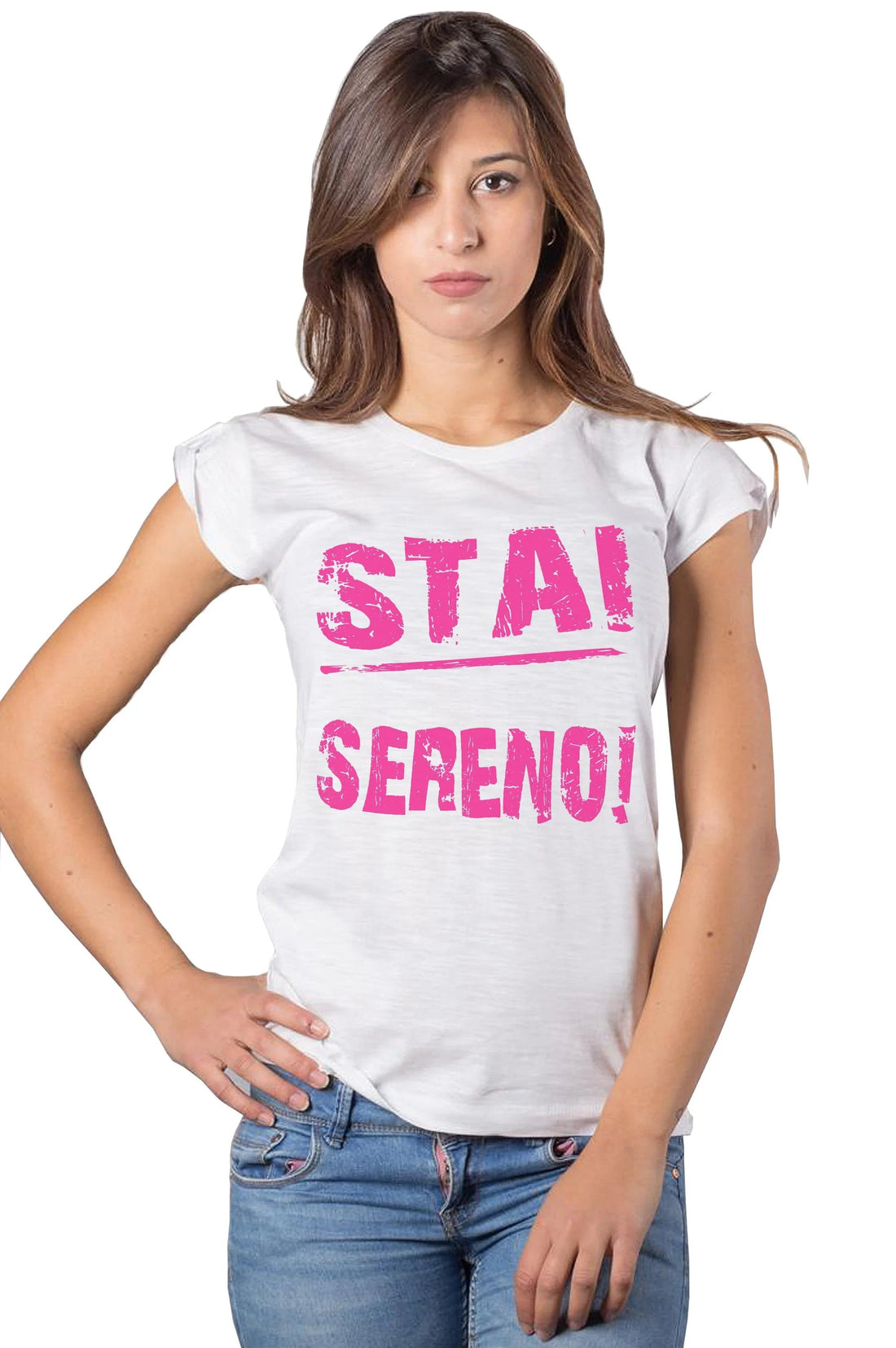 Urban STREET STYLE Donna T-shirt "Stai Sereno" made of 100% eco cotton with a casual slub fabric, designed for comfortable style.