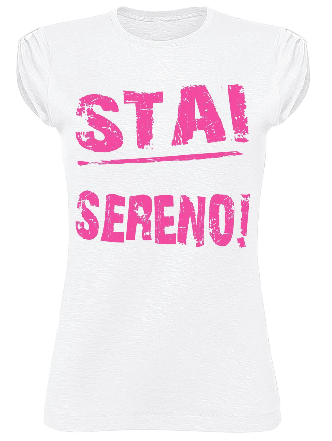 Comfortable Donna T-shirt from STREET STYLE with "Stai Sereno" slogan, 100% cotton eco-friendly fabric, urban casual style.