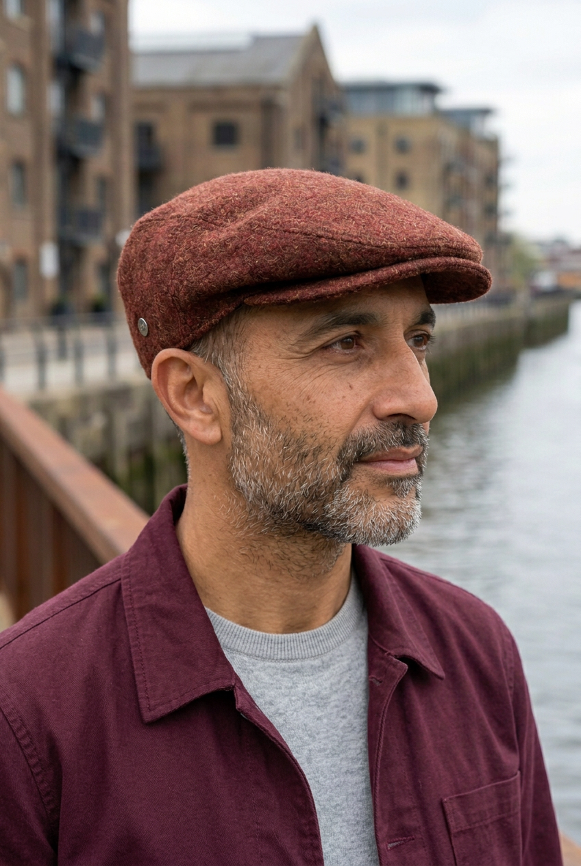 Uomo con viso rivolto a destra, camicetta bordeaux e coppola London coccio
