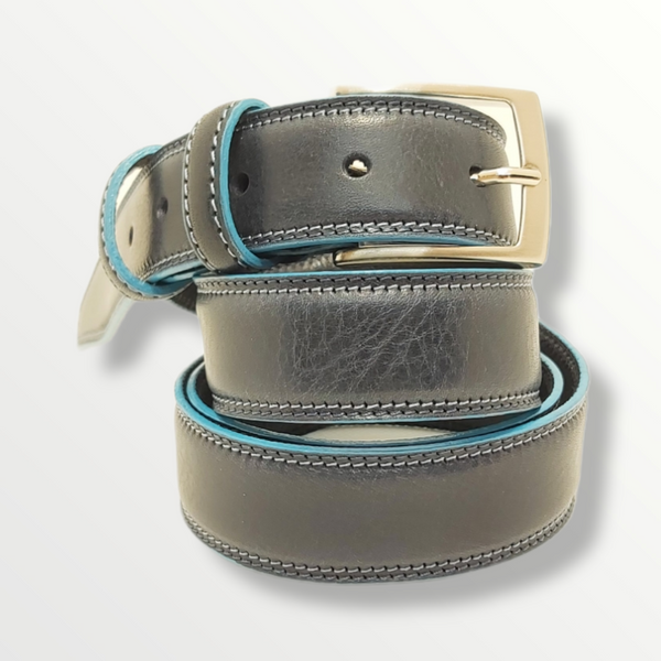 Cintura PQ in vera pelle blu con doppie cuciture a contrasto sui bordi 035 - Sbarià 